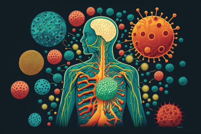 Illustration of human immune system with colorful cells antibodies and viruses showing battle between defenses and invading pathogens, concept of Immunity, created with Generative AI technology